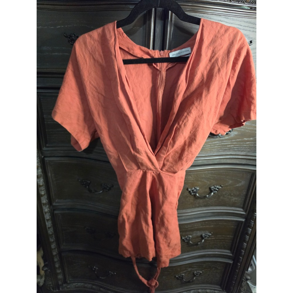 Urban Outfitters Rust‎ Orange Linen Blend V-Neck Tie Waist Romper Size 2